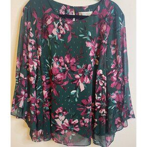 NEW KASPER Plus Size 3X Blouse Printed Lined Bell Sleeve 3/4 Evergreen Gold
